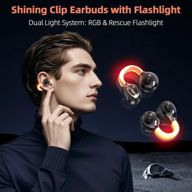 Alt view image 2 of 6 - Wireless Clip On Earbuds with Cool LED Light, 2-in-1 Flashlight Charging Case, Glowing Bluetooth Headphones for Night Running & Gaming, Gifts for Men (Black)