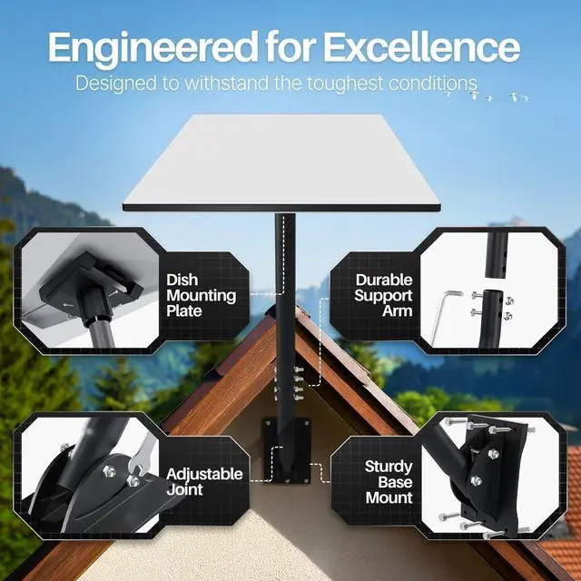 Alt view image 4 of 7 - TNP Pole Mount Kit for Starlink Gen 3, 30-Inch Adjustable Roof/Wall Bracket | Roof and Wall Mounting Kit with Reversible Arm for Deep Eaves; Includes Aluminum Dish Adapter, Bases, Fasteners, and Tools