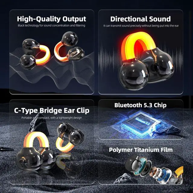 Alt view image 6 of 6 - Wireless Clip On Earbuds with Cool LED Light, 2-in-1 Flashlight Charging Case, Glowing Bluetooth Headphones for Night Running & Gaming, Gifts for Men (Black)