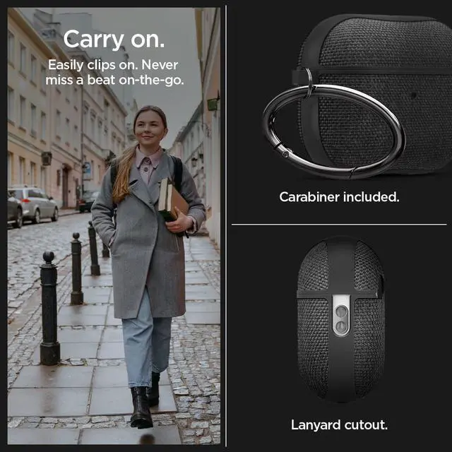 Alt view image 5 of 6 - Urban Fit Designed for AirPods Pro 2 Case (2022/2023) | Premium Fabric, Carabiner Included, Wireless Charging Compatible - Black