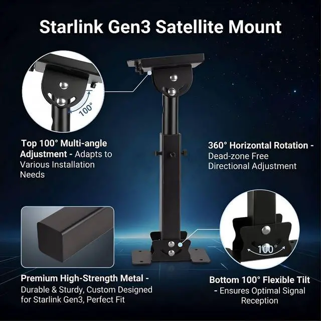 Alt view image 4 of 6 - Starlink Mount, for Standard 4/4X/Gen 3 Dish, Adjustable Telescoping Roof Bracket with 360° Rotating Pole, Dual Angle Top and Base Adjustment, Heavy Duty Metal Starlink Mounting Kit