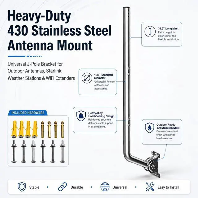 Alt view image 3 of 7 - Universal Heavy Duty 430 Stainless Steel Antenna Mount & Mast J-Pole Bracket for Outdoor Antennas, Starlink, Weather Stations, WiFi Extenders, 1.38" Diameter (Slive - 40'')