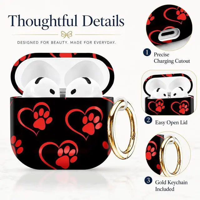 Alt view image 2 of 7 - Compatible with AirPod 4th Generation (2024), Cute Protective Cover with Keychain, TPU Anti-Drop Earbuds Case for Women and Men(Red Paw Prints and Hearts)