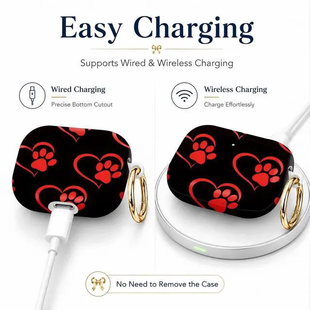 Alt view image 3 of 7 - Compatible with AirPod 4th Generation (2024), Cute Protective Cover with Keychain, TPU Anti-Drop Earbuds Case for Women and Men(Red Paw Prints and Hearts)