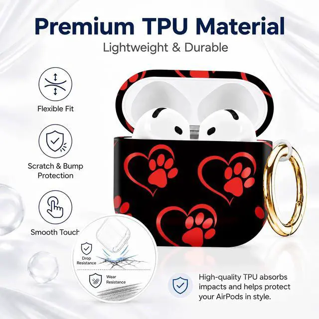 Alt view image 7 of 7 - Compatible with AirPod 4th Generation (2024), Cute Protective Cover with Keychain, TPU Anti-Drop Earbuds Case for Women and Men(Red Paw Prints and Hearts)