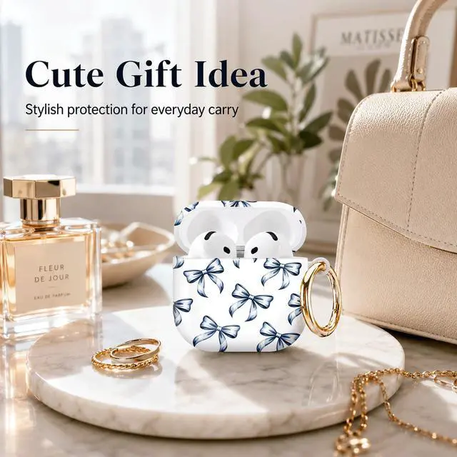 Alt view image 4 of 7 - Compatible with AirPod 4th Generation (2024), Cute Protective Cover with Keychain, TPU Anti-Drop Earbuds Case for Women and Men(Blue Bow)