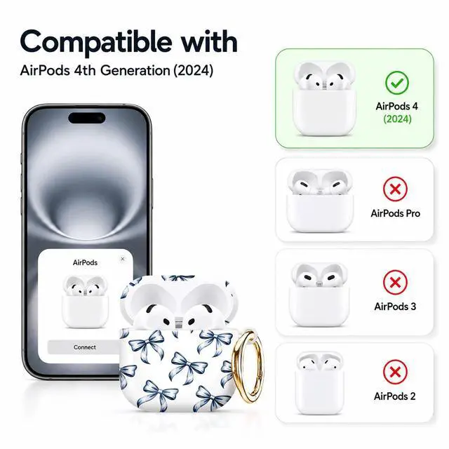 Alt view image 5 of 7 - Compatible with AirPod 4th Generation (2024), Cute Protective Cover with Keychain, TPU Anti-Drop Earbuds Case for Women and Men(Blue Bow)