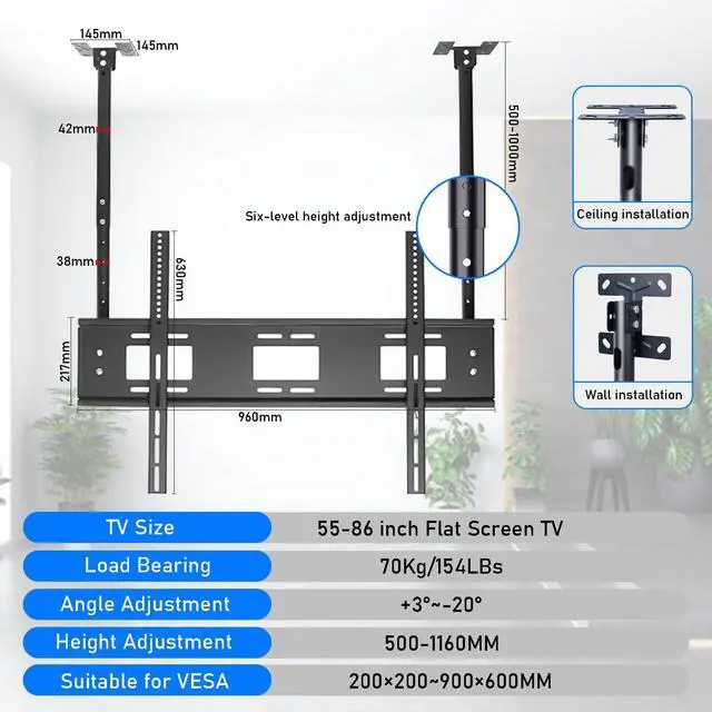 Alt view image 2 of 7 - Ceiling tv Mount for 55-86 inch Flat Screen Displays, Height Adjustable,Tilt Ceiling Mount TV Bracket, Hanging tv Mount Holds up to 154lbs, Max VESA 900x600mm (Single Screen)