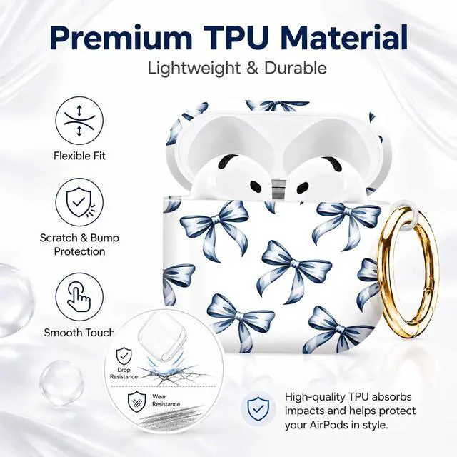 Alt view image 7 of 7 - Compatible with AirPod 4th Generation (2024), Cute Protective Cover with Keychain, TPU Anti-Drop Earbuds Case for Women and Men(Blue Bow)