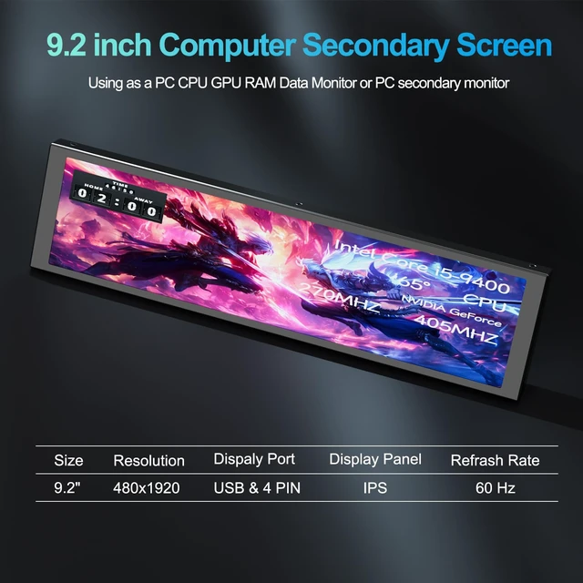 Alt view image 3 of 6 - 9.2" PC Case Screen for CPU GPU Temperature, 1920x462 IPS Hardware Sensor Panel Monitor, USB-C / 9-pin Computer Secondary Monitor with Customizable Themes, Window Only