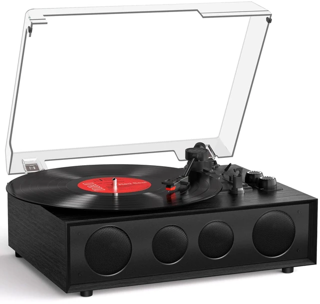 Main image of Vinyl Record Player with 4 Speakers, Counterweight, Bluetooth, Black 4-Speaker Audio, Adjustable Counterweight, 3-Speed Auto-Stop, Bluetooth Input, RCA/AUX and Headphone Output
