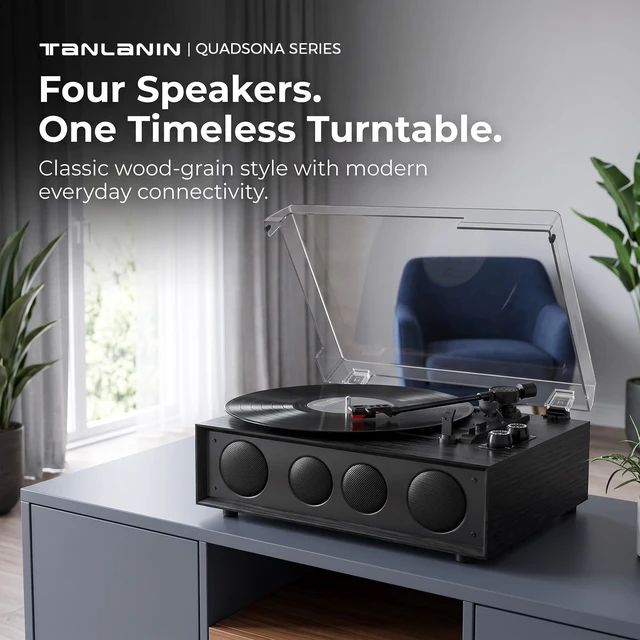 Alt view image 2 of 7 - Vinyl Record Player with 4 Speakers, Counterweight, Bluetooth, Black 4-Speaker Audio, Adjustable Counterweight, 3-Speed Auto-Stop, Bluetooth Input, RCA/AUX and Headphone Output
