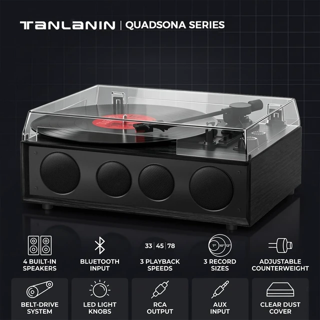 Alt view image 3 of 7 - Vinyl Record Player with 4 Speakers, Counterweight, Bluetooth, Black 4-Speaker Audio, Adjustable Counterweight, 3-Speed Auto-Stop, Bluetooth Input, RCA/AUX and Headphone Output