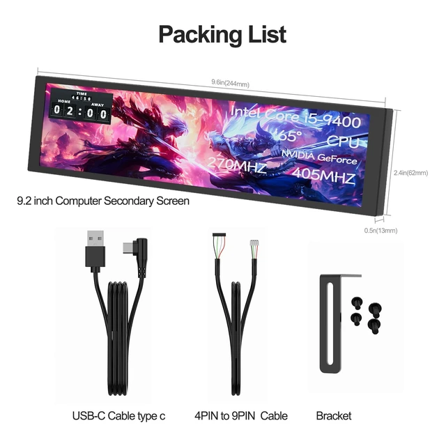 Alt view image 6 of 6 - 9.2" PC Case Screen for CPU GPU Temperature, 1920x462 IPS Hardware Sensor Panel Monitor, USB-C / 9-pin Computer Secondary Monitor with Customizable Themes, Window Only