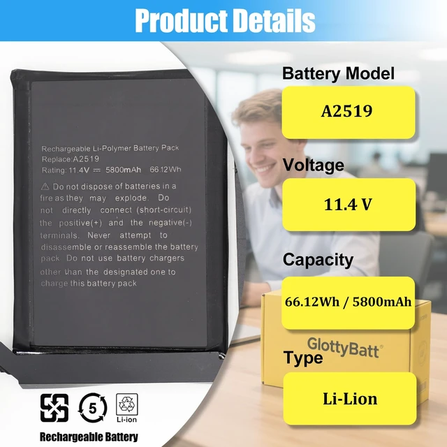 Alt view image 2 of 7 - A2442 A2519 Battery Replacement for MacBook Pro 14 Inch A2442 (Late 2021) EMC 3650 MKGP3LL/A MKGQ3LL/A MKGR3LL/A MKGT3LL/A Series Laptop, 66.12Wh