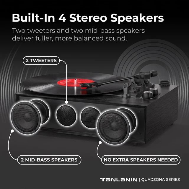 Alt view image 4 of 7 - Vinyl Record Player with 4 Speakers, Counterweight, Bluetooth, Black 4-Speaker Audio, Adjustable Counterweight, 3-Speed Auto-Stop, Bluetooth Input, RCA/AUX and Headphone Output