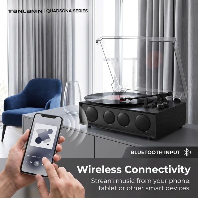 Alt view image 5 of 7 - Vinyl Record Player with 4 Speakers, Counterweight, Bluetooth, Black 4-Speaker Audio, Adjustable Counterweight, 3-Speed Auto-Stop, Bluetooth Input, RCA/AUX and Headphone Output