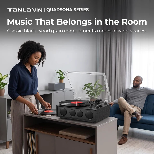 Alt view image 7 of 7 - Vinyl Record Player with 4 Speakers, Counterweight, Bluetooth, Black 4-Speaker Audio, Adjustable Counterweight, 3-Speed Auto-Stop, Bluetooth Input, RCA/AUX and Headphone Output