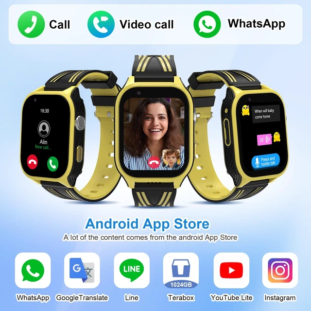 Alt view image 2 of 7 - 4G Kids Smart Watch with GPS Tracker, Video Call & SOS, Waterproof Smartwatch Phone with SIM Card Slot, Whatsapp, Voice Chat & Camera, Birthday Gift for Boys and Girls Age 4-12, Yellow