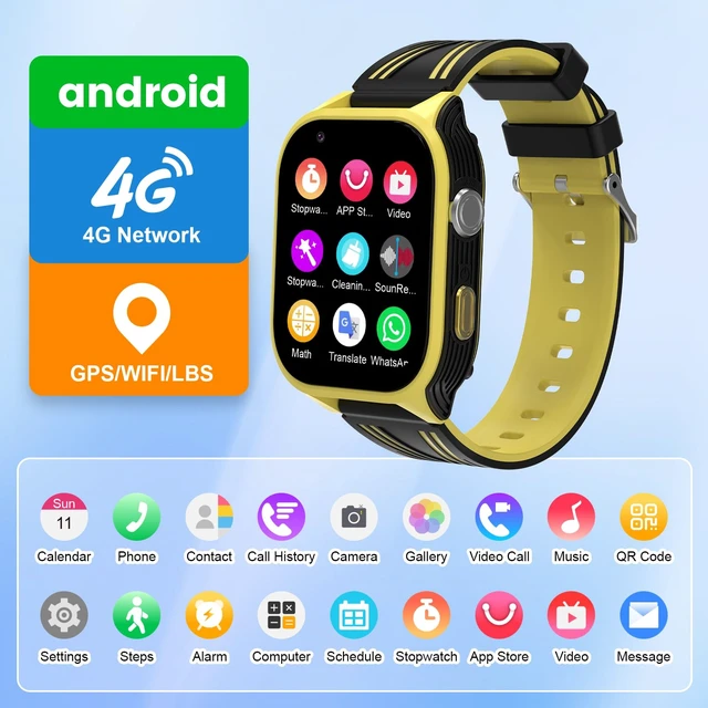 Alt view image 3 of 7 - 4G Kids Smart Watch with GPS Tracker, Video Call & SOS, Waterproof Smartwatch Phone with SIM Card Slot, Whatsapp, Voice Chat & Camera, Birthday Gift for Boys and Girls Age 4-12, Yellow