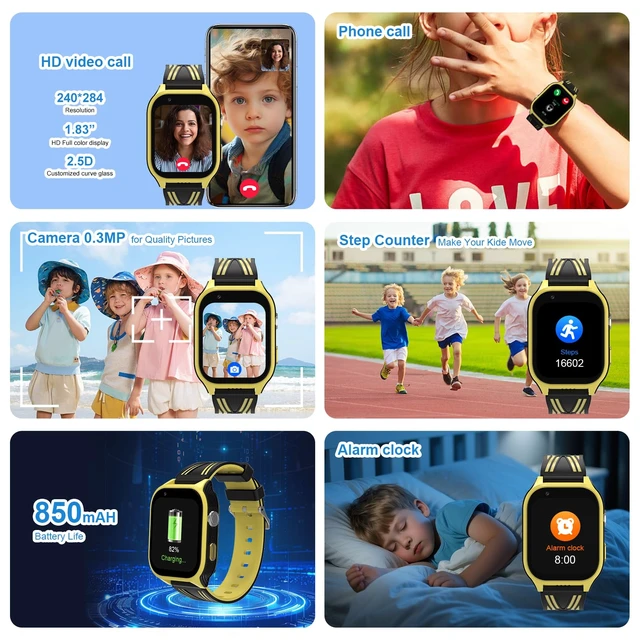 Alt view image 6 of 7 - 4G Kids Smart Watch with GPS Tracker, Video Call & SOS, Waterproof Smartwatch Phone with SIM Card Slot, Whatsapp, Voice Chat & Camera, Birthday Gift for Boys and Girls Age 4-12, Yellow