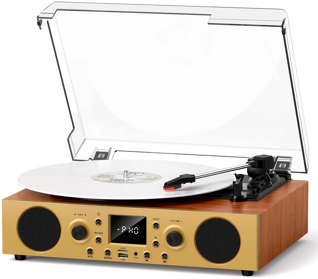 Main image of Mahogany Wood Bluetooth Record Player, 3-Speed Turntable Elegant mahogany finish with Bluetooth, 3-speed playback, FM radio, USB recording, AUX/TF card and stereo speakers