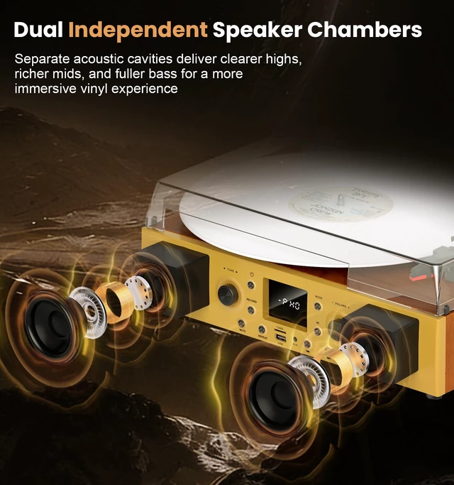 Alt view image 2 of 7 - Mahogany Wood Bluetooth Record Player, 3-Speed Turntable Elegant mahogany finish with Bluetooth, 3-speed playback, FM radio, USB recording, AUX/TF card and stereo speakers