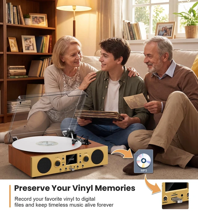 Alt view image 4 of 7 - Mahogany Wood Bluetooth Record Player, 3-Speed Turntable Elegant mahogany finish with Bluetooth, 3-speed playback, FM radio, USB recording, AUX/TF card and stereo speakers