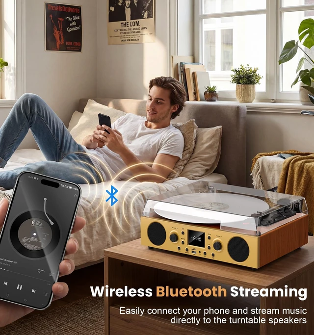 Alt view image 5 of 7 - Mahogany Wood Bluetooth Record Player, 3-Speed Turntable Elegant mahogany finish with Bluetooth, 3-speed playback, FM radio, USB recording, AUX/TF card and stereo speakers