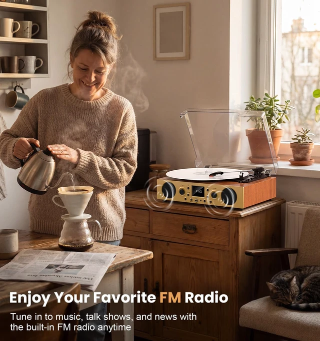 Alt view image 3 of 7 - Mahogany Wood Bluetooth Record Player, 3-Speed Turntable Elegant mahogany finish with Bluetooth, 3-speed playback, FM radio, USB recording, AUX/TF card and stereo speakers