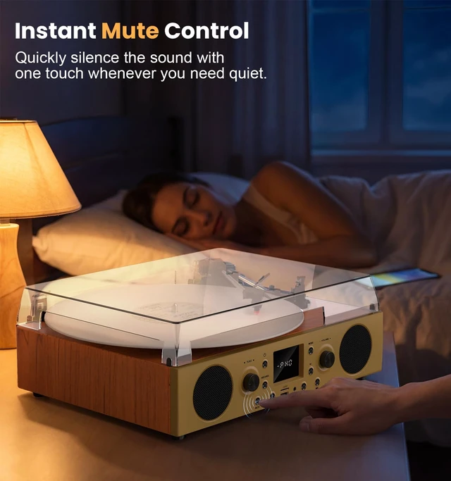 Alt view image 6 of 7 - Mahogany Wood Bluetooth Record Player, 3-Speed Turntable Elegant mahogany finish with Bluetooth, 3-speed playback, FM radio, USB recording, AUX/TF card and stereo speakers