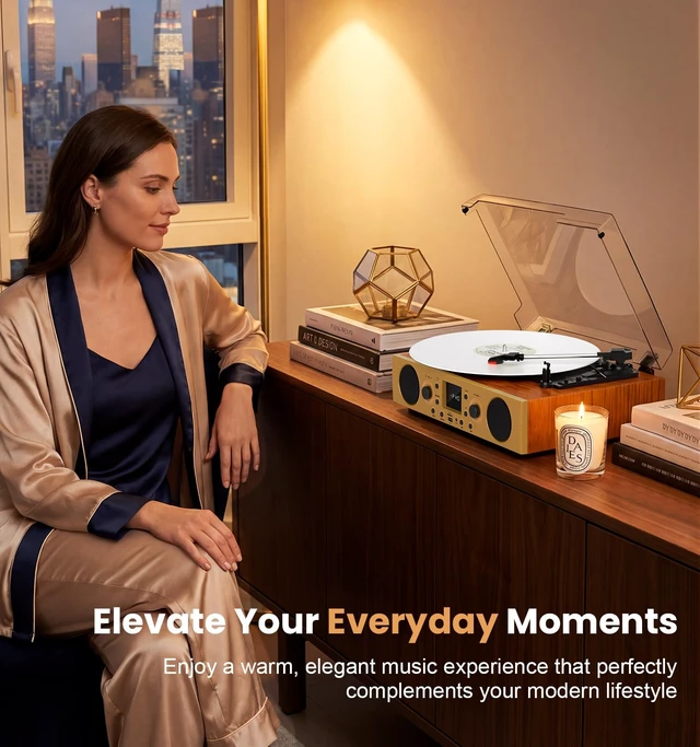 Alt view image 7 of 7 - Mahogany Wood Bluetooth Record Player, 3-Speed Turntable Elegant mahogany finish with Bluetooth, 3-speed playback, FM radio, USB recording, AUX/TF card and stereo speakers