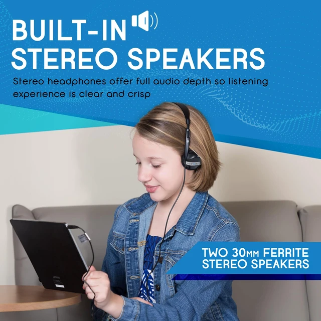 Alt view image 5 of 7 - Over-Ear Kids' Stereo Headphones with 3.5 mm. Audio Jack and 4'3" Cord, Adjustable Stereo School Headphones for Kids, Pack of 20, Black