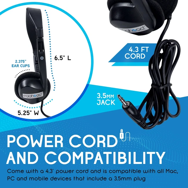 Alt view image 7 of 7 - Over-Ear Kids' Stereo Headphones with 3.5 mm. Audio Jack and 4'3" Cord, Adjustable Stereo School Headphones for Kids, Pack of 20, Black