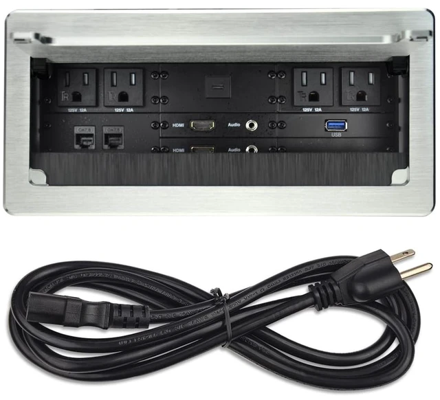 Main image of Tabletop Multimedia Connectivity Box with 4 Power Socket +2 USB Charger+1 HDMI+2 RJ45(CAT6) +2 Audio+1 VGA with 5.58ft Power Cord for Conference Room(Silver)