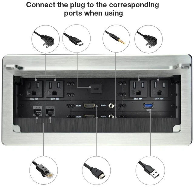 Alt view image 2 of 7 - Tabletop Multimedia Connectivity Box with 4 Power Socket +2 USB Charger+1 HDMI+2 RJ45(CAT6) +2 Audio+1 VGA with 5.58ft Power Cord for Conference Room(Silver)