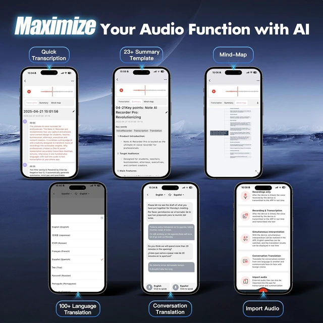 Alt view image 3 of 7 - AI Voice Recorder,64GB Note Voice Recorder with Real-Time Transcribe & Summarize & Translation Powered by ChatGPT, Digital Recorder Translator Device with App Control for Lectures, Meetings, Calls