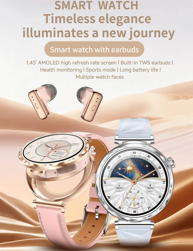 Alt view image 2 of 7 - Smart Watch with Earbuds,1.43" AMOLED Screen,2 in 1 Smart Watches for Women,Waterproof Fitness Tracker Watch with Wireless Earphone Compatible for Android iOS with Sports Monitor Sleep