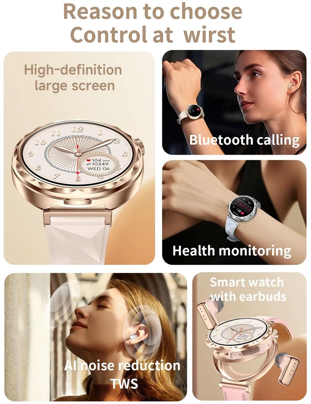 Alt view image 3 of 7 - Smart Watch with Earbuds,1.43" AMOLED Screen,2 in 1 Smart Watches for Women,Waterproof Fitness Tracker Watch with Wireless Earphone Compatible for Android iOS with Sports Monitor Sleep