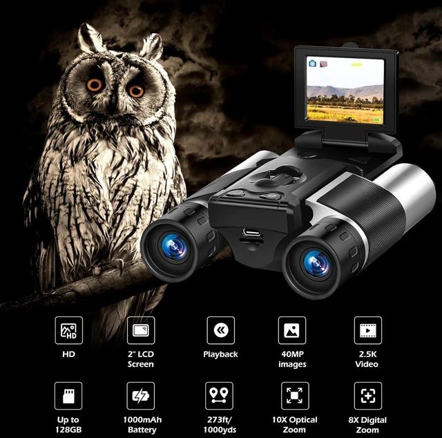 Alt view image 2 of 6 - 2 Inch Camera Binoculars 10x Optical 8X Digital Zoom for Adults Built-in photo video function with 40MP & 2.5K resolution, equipped with 32GB card for outdoor use