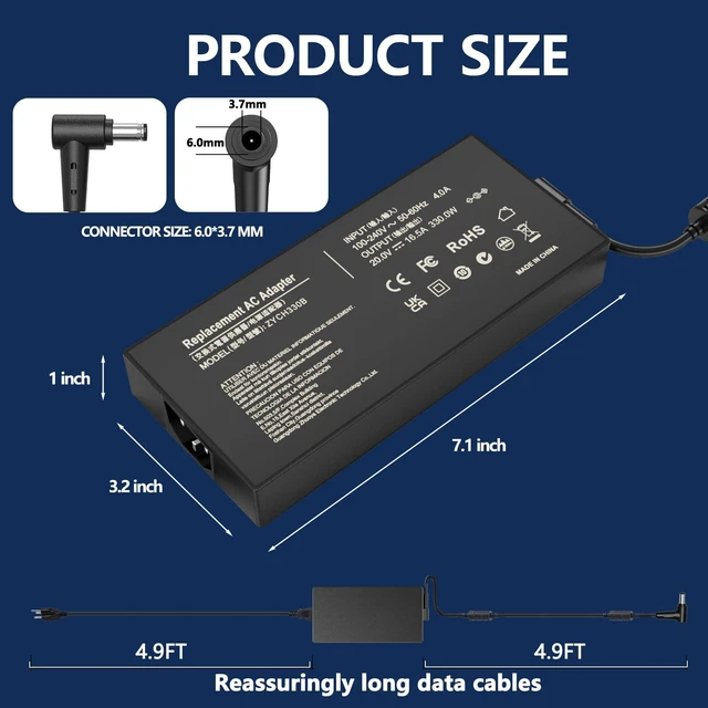 Alt view image 3 of 7 - 20V 16.5A 330W for Asus Laptop Charger Compatible with Asus Rog Strix Scar Fit for Asus Rog Strix Scar 15 16 17 18 G15-18 G513 G614 G634 G733 G814 G834 Zephyrus Duo 16 15 M16 S17 TUF Gaming A16 Laptop