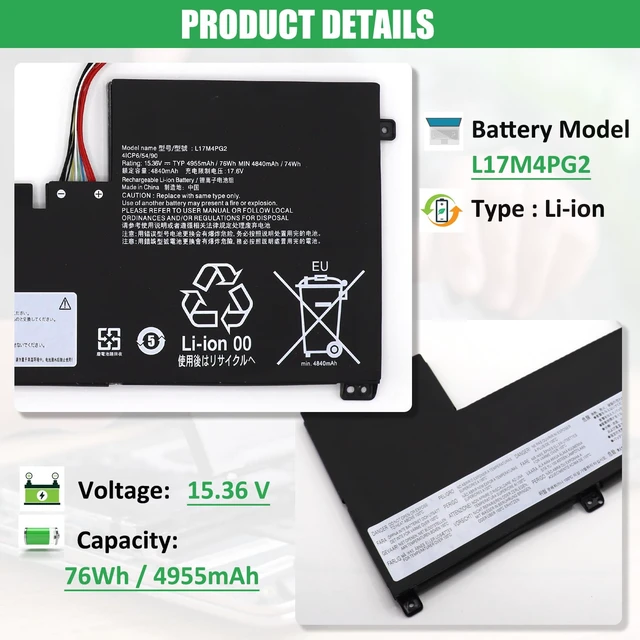 Alt view image 2 of 7 - L17M4PG2 L17C4PG2 Battery Replacement for Lenovo Legion Y730-17ICH For Y740-17ICH Y9000K Series, 5B10Q88558 5B10Q88556 5B10T11520 928QA224H L17L4PG2 L17S4PG2 L18C4PG1, 15.36V 76Wh 4955mAh