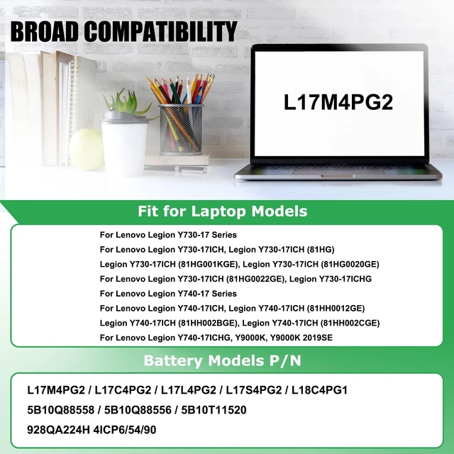 Alt view image 3 of 7 - L17M4PG2 L17C4PG2 Battery Replacement for Lenovo Legion Y730-17ICH For Y740-17ICH Y9000K Series, 5B10Q88558 5B10Q88556 5B10T11520 928QA224H L17L4PG2 L17S4PG2 L18C4PG1, 15.36V 76Wh 4955mAh