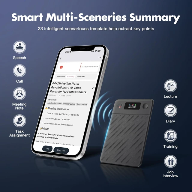 Alt view image 5 of 7 - AI Voice Recorder,64GB Note Voice Recorder with Real-Time Transcribe & Summarize & Translation Powered by ChatGPT, Digital Recorder Translator Device with App Control for Lectures, Meetings, Calls