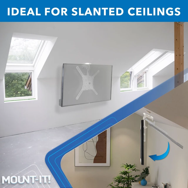 Alt view image 2 of 7 - Fold-Up Ceiling TV Mount for 2355 Inch TVs, Space-Saving Flip Down Bracket for Flat & Slanted Ceilings, Retractable Adjustable Tilt & Swivel Mount, VESA up to 400x400, 44 lbs, White