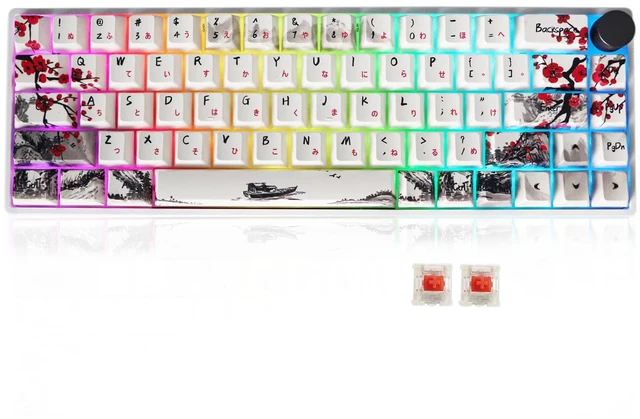Main image of GK68 68-Key RGB Backlit Gaming Keyboard with Plum Blossom Keycaps, Hot Swappable Red Mechinery Switches, Triple Mode Connection with Knob Mechanical Keyboard for Win/Mac OS