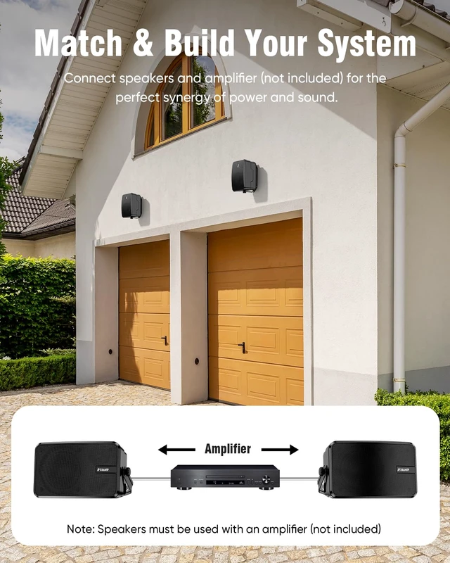 Alt view image 2 of 7 - 4" Outdoor Passive Speakers, 40W Each Weatherproof Wall Mount Speaker, Wired PA System with Full-Range Sound, Includes Brackets for Pool, Patio, Garage & Indoor Use (Pair, Black)