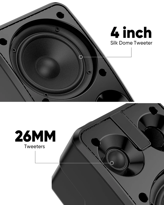 Alt view image 3 of 7 - 4" Outdoor Passive Speakers, 40W Each Weatherproof Wall Mount Speaker, Wired PA System with Full-Range Sound, Includes Brackets for Pool, Patio, Garage & Indoor Use (Pair, Black)