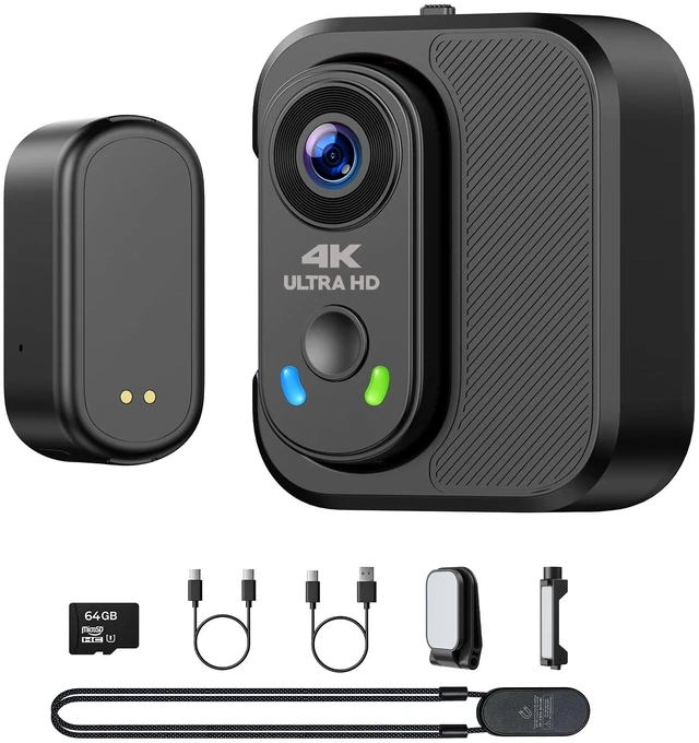 Main image of 4K Mini Body Camera with 64GB Card, EIS, WiFi Wearable POV Camera Thumb Action Camera with Stabilization, 150° Wide Angle, Magnetic Mount, Charger Case, Wearable POV