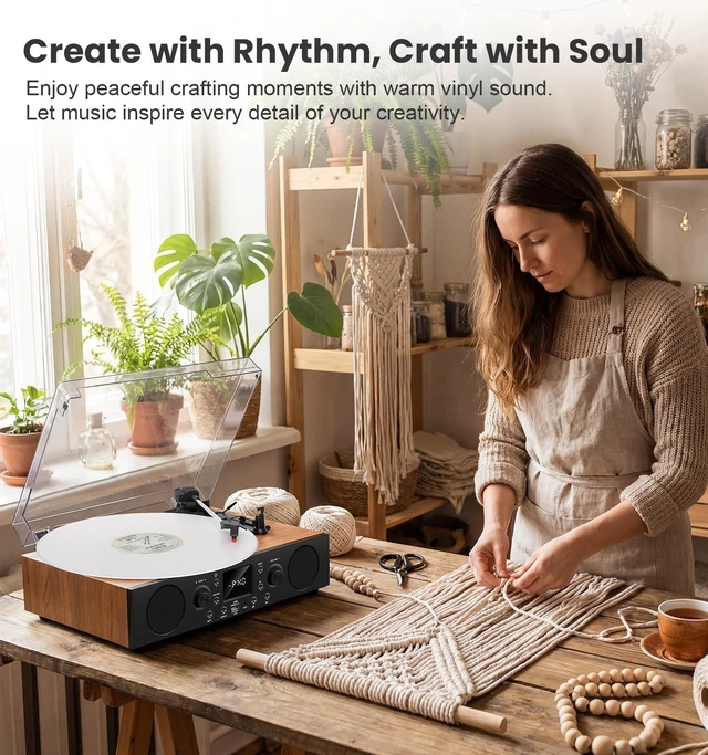Alt view image 3 of 7 - Heritage Walnut Bluetooth Record Player, 3-Speed Turntable Heritage walnut finish with Bluetooth, 3-speed playback, FM radio, LCD display, USB/TF recording and built-in speakers